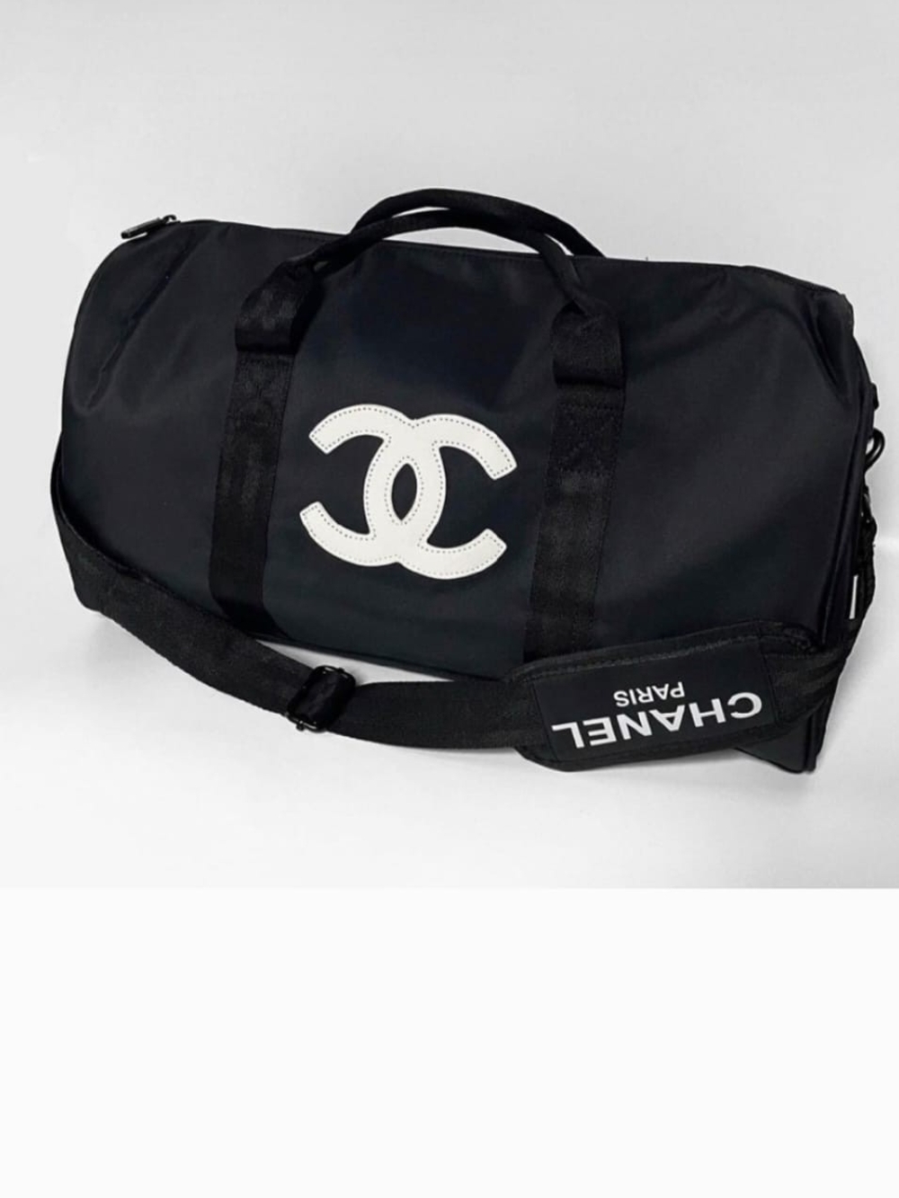 CHANEL Black Duffel Bag with White CC Logo
